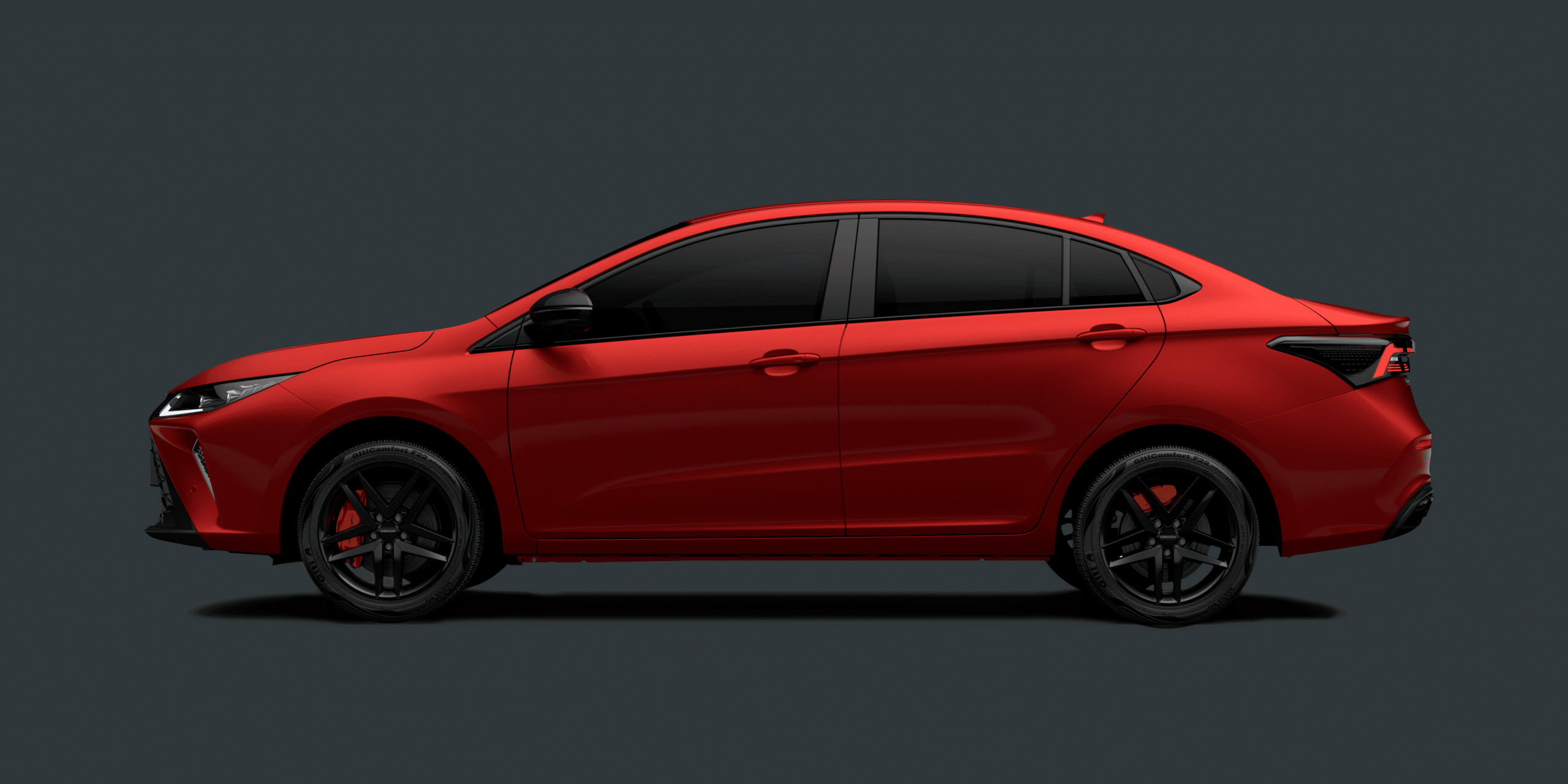 Perfil de sedan deportivo OMODA México O5 GT color rojo lava
